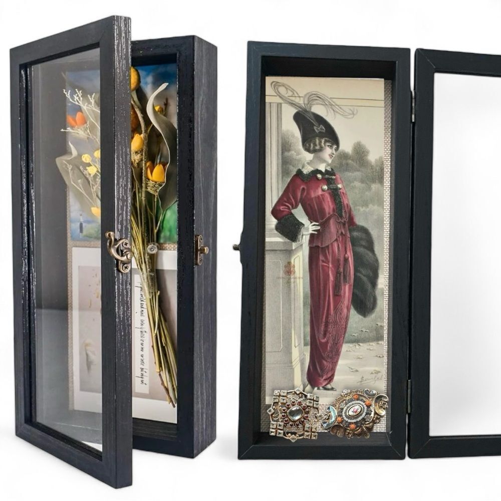 GraduatePro Rustic Black Shadow Box Frame Linen Back Hinged Glass Window - Picture 2 of 16